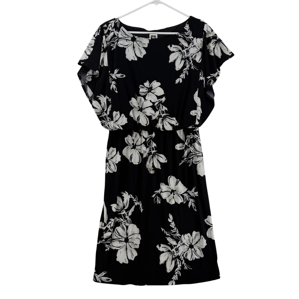 Anne Klein Dress Womens 10 Black Floral‎ Fit & Flare Flutter Sleeve Knee Length